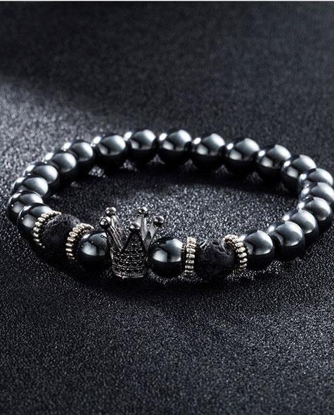 Masonry Series Black Natural Stone Beads Silver Crown Bracelet – Splice  Barbershop