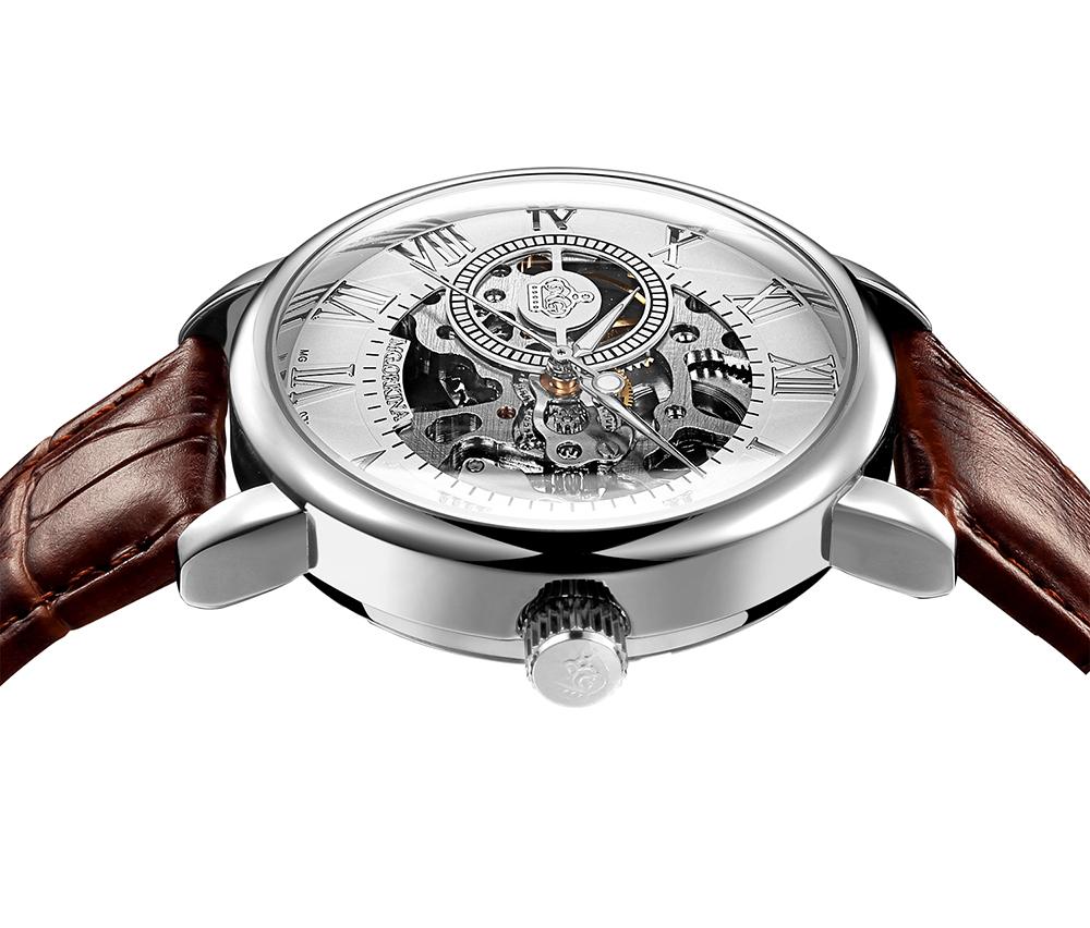 Men's Silver & Brown Leather Manual Winding Skeleton Watch